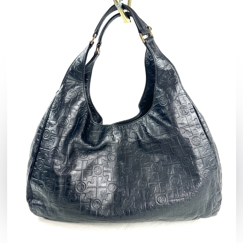 Tory Burch Black Embossed Signature Leather Large Tote Shoulder Bag Brass Logo